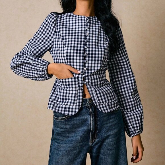 Black And White Casual Women's Versatile Plaid Waist Cinched Long Sleeve Fitted - Picture 7 of 7